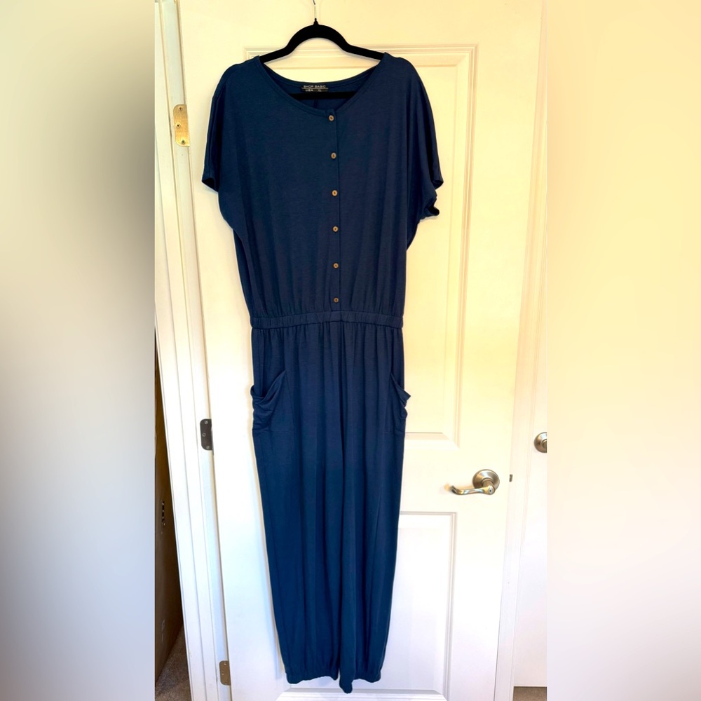 Elegant Navy Blue Button-Down Short sleeve Jumpsuit